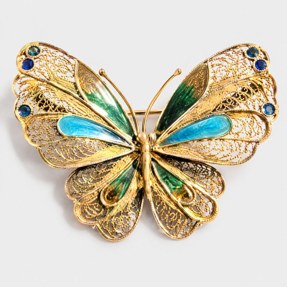 Mid Century Butterfly Brooch Pin Brass Filigree & Enamel  2.25" Vintage ab1-22